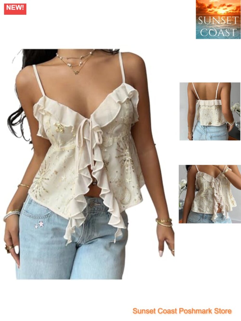 Sequin Sparkly Cami Tank Top V-Neck Ruffle Party Clubwear Women's